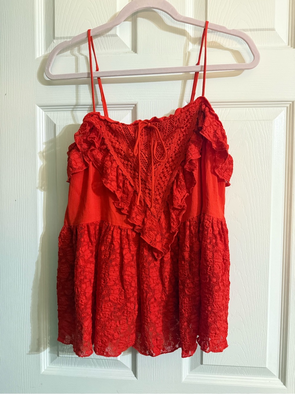 Red Lace Ruffle Spaghetti-Strap Tank Top